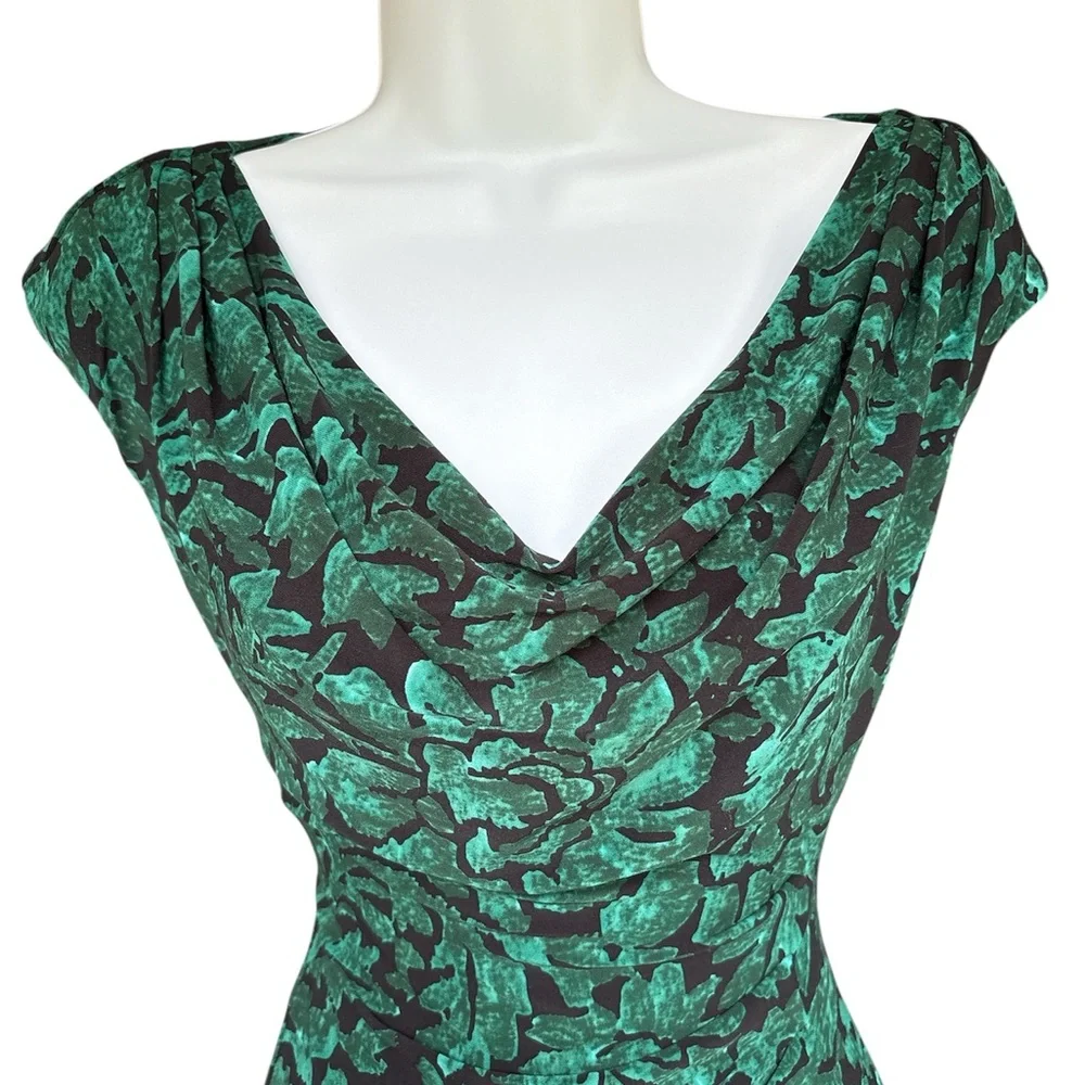 Ralph Lauren Stretch Bodycon Ruched Scoop Black Teal Floral Sheath Midi Dress - Picture 4 of 11